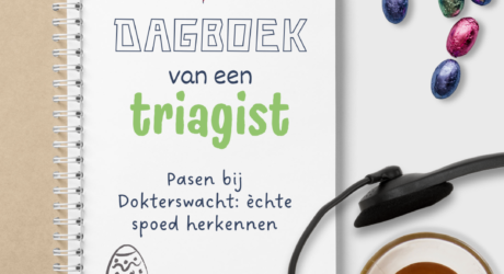 Notitieboek met de tekst Dagboek van een triagist en Pasen bij Dokterswacht, naast een headset, kop thee en paaseitjes
