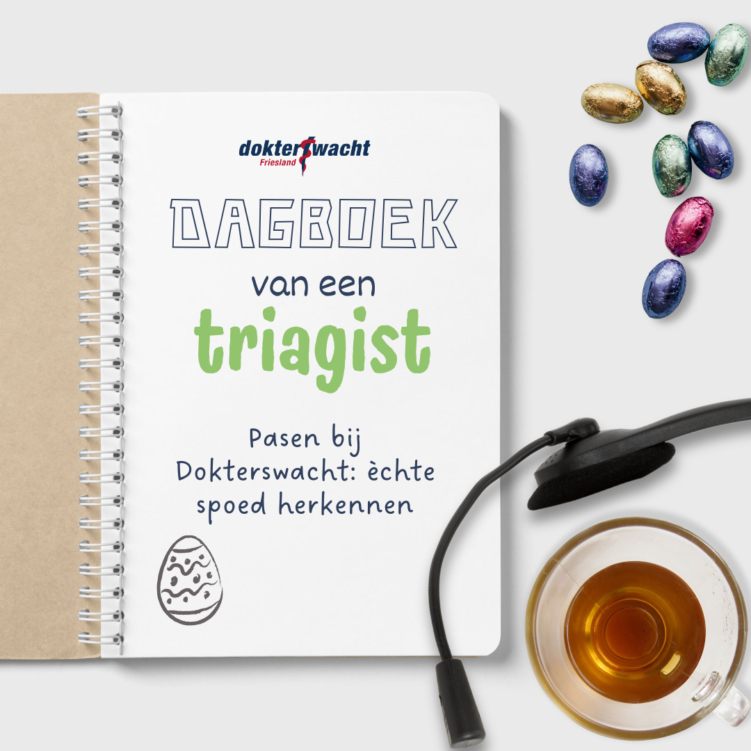Notitieboek met de tekst Dagboek van een triagist en Pasen bij Dokterswacht, naast een headset, kop thee en paaseitjes