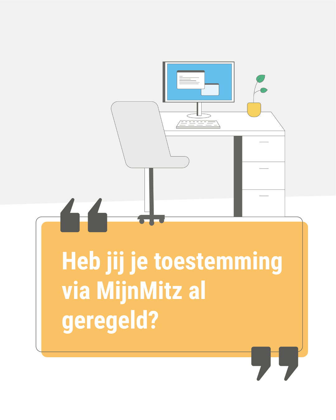 Illustratie van bureaustoel, bureau en pc